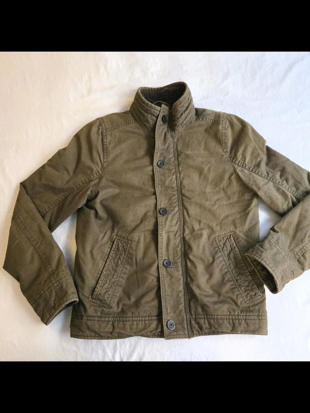 Hollister Olive Green Military Field Jacket Sherpa Lined Button Front MKY